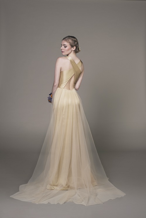 Bridal Designer Introduces Eco-friendly Evening Wear low-back-gold-wedding-evening-dress
