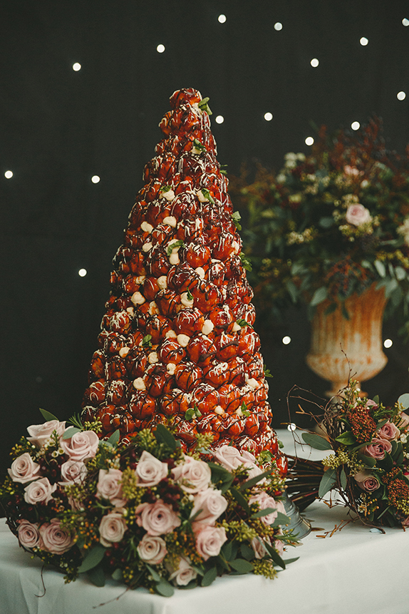 Winter Wedding Bride Wears Vintage Inspired Dress christmas-croquemboche-wedding-cake