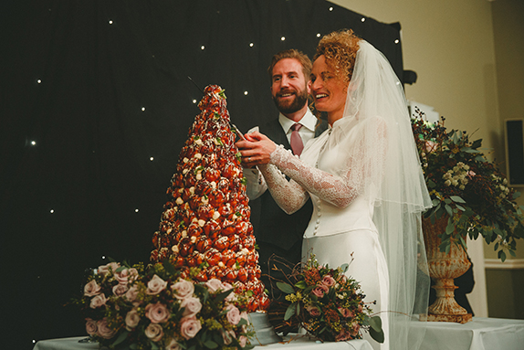 Winter Wedding Bride Wears Vintage Inspired Dress croquemboche-wedding-cake