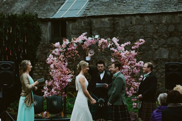 Crochet Lace Wedding Dress for a Romantic Wedding in Scotland cherry-blossom-wedding-altar