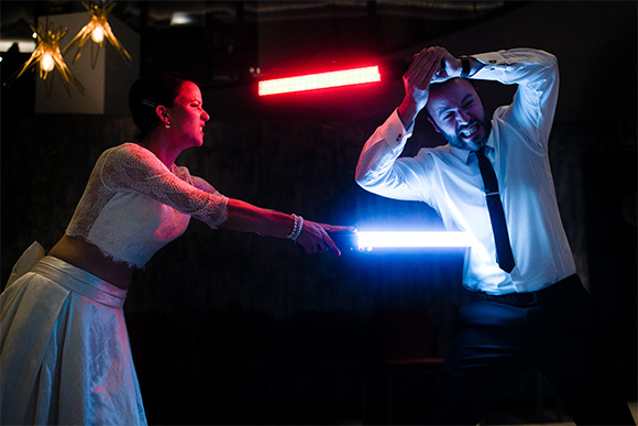 wedding couple lazer fight